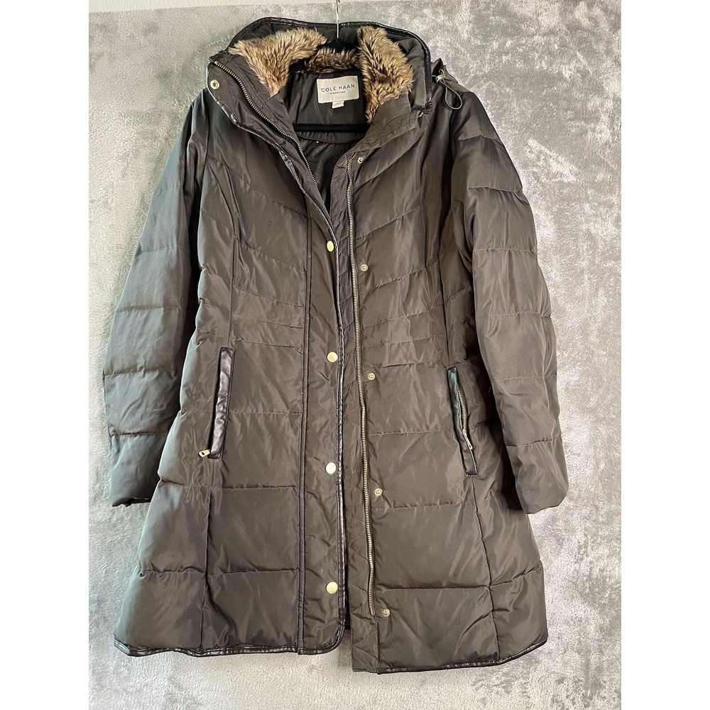COLE HANN Women's Taffeta Down Coat With Faux Fur Collar Size Small